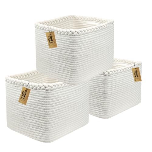 COMFY-HOMI 3Pack Small Woven Cotton Rope Basket for Organizing, Gift Baskets for Handles, Empty Gift Baskets, Medium Rope Basket|13.5" x 11" x 9.5" home decor for Living Room, Bathroom - color: White, size: 13.5" x 11" x 9.5"
