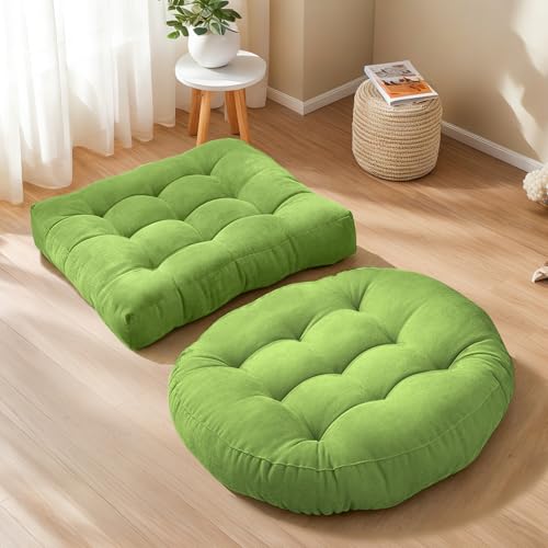 Floor Cushion Pillow Set of 2 Large Round and Square Floor Pillows for Adults Meditation Cushion Pillow Green Tufted Corduroy Cushions for Living Room Outdoor Yoga Tatami Fireplace,20x20 Inch - color: Green