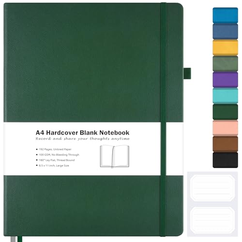 Blank Notebook, Hardcover Sketch Book, 8.5" x 11" Large Blank Journal, No Bleed Thick Paper Sketchbook for Drawing, Unlined Notebook Journal for Women Men School, A4 Leather Sketchbook Lay Flat, Green - color: Green