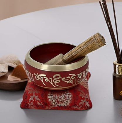 Purpledip Bell Metal Tibetan Buddhist Singing Bowl: Dhyana Musical Instrument Set For Meditation (10779) - style: Scripture design | 4 inches | Red