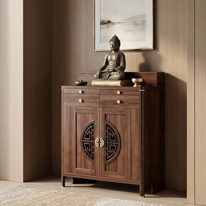 Personal Shrine Altar Table, Solid Wood Frame Buddhist Altar Cabinet, Meditation Prayer Table with Drawer (Brown, 98cm/38.6in) - size: 98cm/38.6in