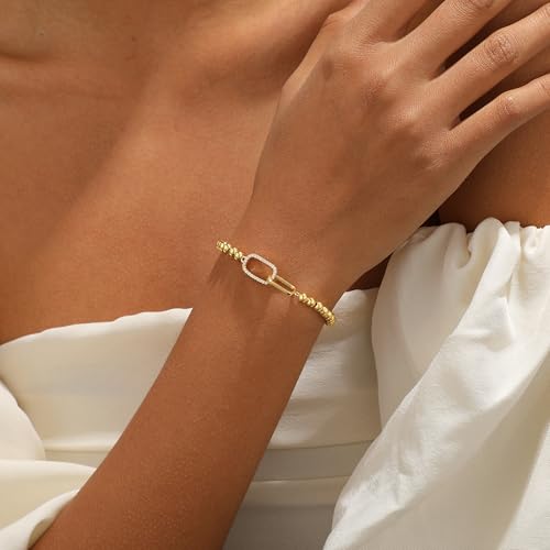 Gold Bracelets for Women, Cute 14K Gold/Silver Plated Stretch Beaded Bracelets for Women Trendy Stackable Charm Bracelet Dainty Adjustable Waterproof Non Tarnish Jewelry Gifts for Her - color: square