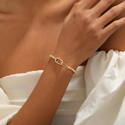 Gold Bracelets for Women, Cute 14K Gold/Silver Plated Stretch Beaded Bracelets for Women Trendy Stackable Charm Bracelet Dainty Adjustable Waterproof Non Tarnish Jewelry Gifts for Her - color: square