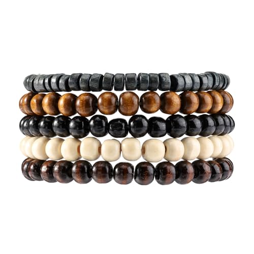 MILAKOO Mens Beaded Bracelets Tribal Wooden Elastic Adjustable Prayer Beads Wrap Cuff for Women - color: P: 5pcs