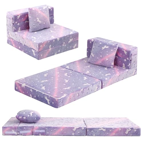 MeMoreCool Foldable Futon Chair Bed for Kids, Glow Tri-Fold Sofa Bed Convertible Toddler Sofa Mattress, Foam Floor Couch for Sitting, Purple - color: Lavender Unicorn