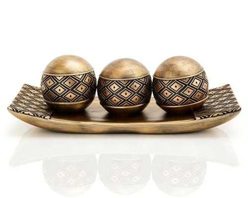 Vintage Decorative Orbs with Tray Set, 3Pcs Resin Decorative Balls with Tray, Modern Accent Sphere for Coffee Table, Dining Table, Living Room, Entryway