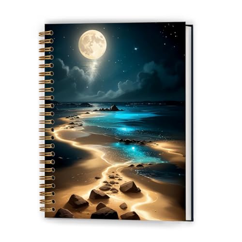 Full Moonlight Beach Notebook, Mystical Celestial Coastal Ocean Journal, Whimsical Moon Star Sky Journal, Nature Lover Gifts Hardcover Spiral Notebooks, 5.5x8.3 Inch - color: Color_2