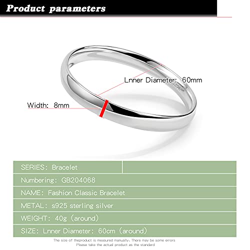 Dankadi Minimalism Women Men 925 Sterling Silver Bracelet Width 7-8MM Diameter 60-65 mm Solid Smooth On Bangle Cuff Fashion Fine Jewelry Gifts - color: Width 8MM 1 Piece, size: Diameter 60MM