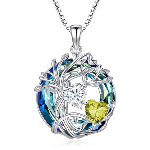 TOUPOP s925 Sterling Silver Family Celtic Tree of Life Pendant Necklaces with 2 Heart Birthstone with Blue Austrian Crystal Jewelry Birthday Valentines Day Gifts for Her, Anniversary Christmas Gifts for Wife Girlfriend Mom (18K Real White Gold Filled) - c