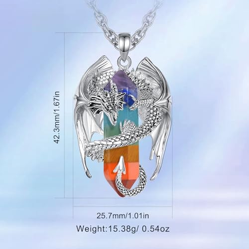 INFUSEU Unique Dragon Necklaces with Healing Crystal Stone for Men Women, Personalized Spiritual Gifts, 24 Inch Chain - color: Chakra