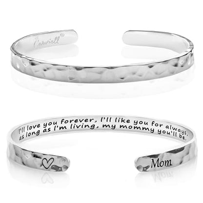 Carviell Bracelet - Gifts for Women – Inspirational, Friendship, Love, Mom, Daughter, Sister, Christian, Graduation, Memorial & Wedding Gifts – 100+ Phrases – Stainless Steel, Gift-Ready - style: MOM'S Gift - I'll love you forever, I'll like you for alway