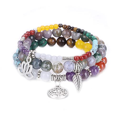Tree of Life Yoga Healing Stone Bracelets,Multilayer Lotus Chakra Stone Reiki Bracelet Sets,Anxiety Crystal Natural Stone,for Women Stress Relief - style: Chakra+Indian agate