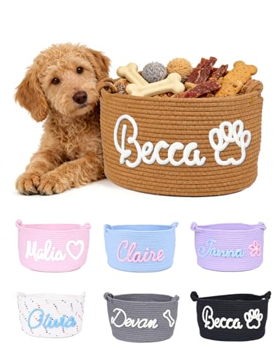 Personalized Dog Cat Toy Basket with Embroidery Name, Customized Puppy & Kitten Toy Storage Bins, Cute Handmade Cotton Rope Organizer for Snacks, Pet Supplies, Easter Birthday Gifts Basket for Pets
