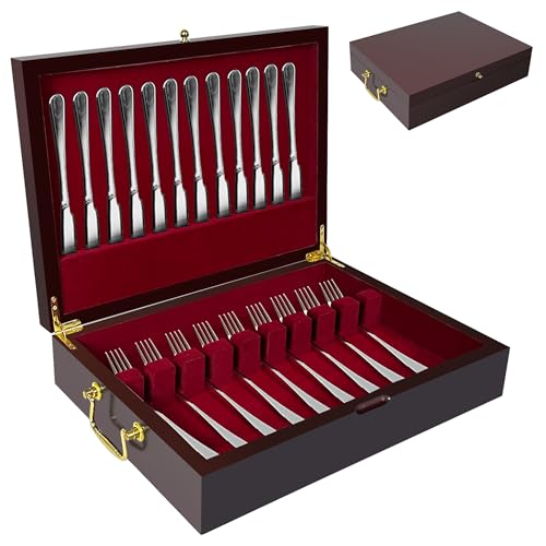 Silverware Storage Box Solid Wood with Lid, Silverware Organizer with Handle and Felt Lined, Silverware Storage Chest for Flatware and Utensils Home Decor Gift, Chest for Flatware Setting Up 15 - color: Cherry, size: 1 Layer