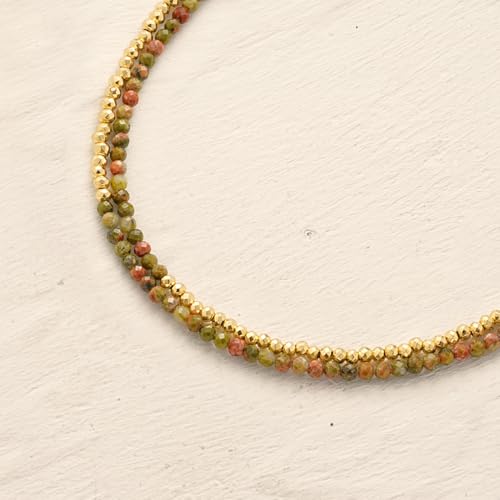 Women Beaded Bracelet Gold Double Layer Gemstone 14K Simple Dainty Handmade Chain Everyday Boho Beach Jewelry - style: Unakite