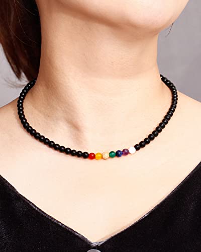 Reiki 7 Chakra Obsidian Beaded Necklace Protection Spiritual Crystals Meditation Yoga Necklaces for Women and Men Good Luck Jewelry - size: 18in