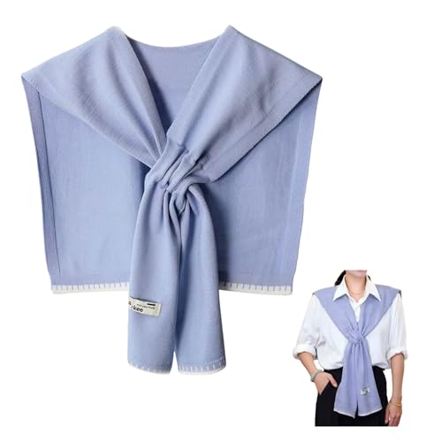 Sweater Shawl Wraps for Women Fashion Knitted Shoulder Shawls Ponchos Casual Sweaters Scarf Cape Wraps with Sleeves - color: 09 Skyblue/White Trim
