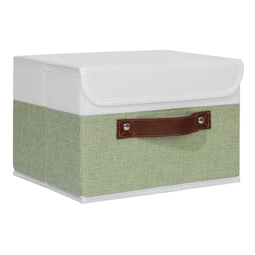 ANMINY Storage Boxes with Lids Washable Decorative Storage Bins Basket with PU Leather Handle Foldable Linen Fabric Storage Cubes Containers for Home Closet Organizer - Green White, Small Size - color: Green White, size: Small (Pack of 1)