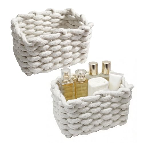 Woven Baskets 2 Pcs White, Small Storage Basket & Basket Organizer, Decorative Basket for Home, Countertop Cosmetics Toys Wardrobe Living Room Bedroom Desktop Storage and Decoration - color: White and White