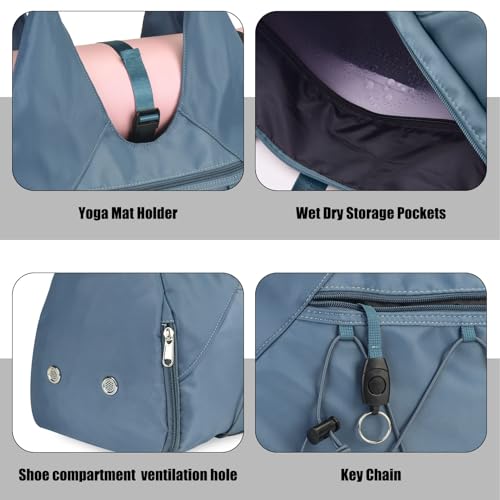 Gym Bag For Women With Yoga Mat Holder & Shoe Compartment & Wet Dry Storage Pocket & Adjustable Strap - color: Blue