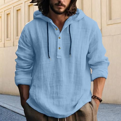Mens Pullover Hoodie Linen Long Sleeve 4 Button Drawstring Causal Loose Lightweight Summer Beach Top - color: 4-sky Blue, size: Medium