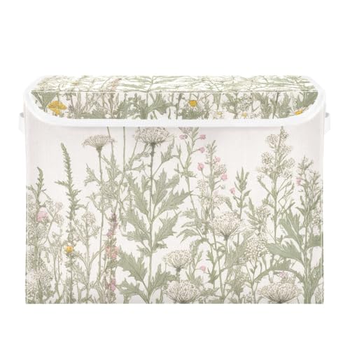 Kigai Collapsible Herbal Wildflowers Storage Basket with Lids and Handles,Storage Bins for Shelves Closet Bedroom,Office Storage