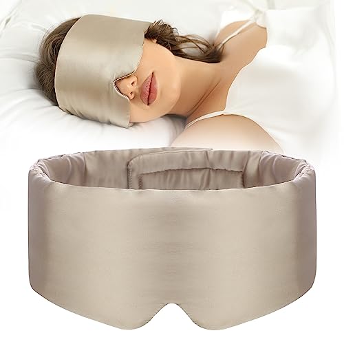 100% Mulberry Silk Sleep Mask for Side Sleeper - Face-Hugging Padded Blackout Eye Cover with Adjustable Band, Large Size Cooling Pressureless Sleeping Mask for Women Men (Taupe)