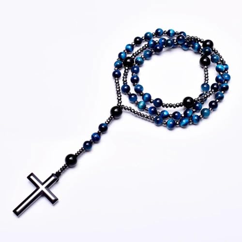 LIYAPEI Triple Protection Necklace with Tiger Eye, Obsidian, and Hematite - Stylish Men's Cross Necklace and Women's Y-Shaped Sweater Chain An Anxiety Relief Beaded Necklace. - color: Tiger Eye Blue