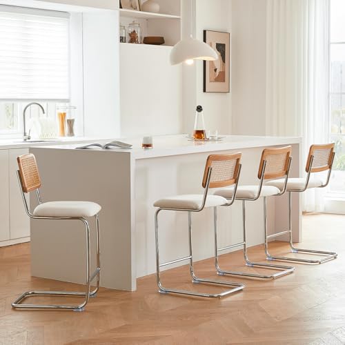Natural Rattan Counter Height Stools Set of 4 with Solid Wood Back, 24 Inch Mid Century Modern Cesca Bar Stools, White Upholstery Boho Stool for Kitchen Counter with Chrome Metal Legs - color: White, size: 4PCS-24'' Counter Height Stool