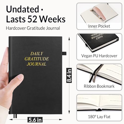 SUNEE Daily Gratitude Journal – 52 Weeks Simple 5 Minute Journal for Daily Reflection, Build Positivity and Mindfulness, Undated Minimalist Planner for Women & Men (Black)