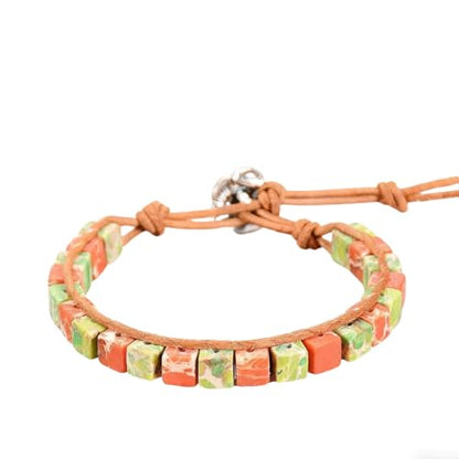 7 Chakra Bracelet Bohemian Handmade Leather Wrap Healing Protection Natural Stone Yoga Beaded Bracelets Boho Friendship Jewelry - color: Orange & Green