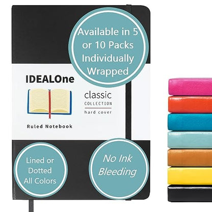 IDEALOne Hardcover Journal Lined–A5 (5.7x8) small notebook, College Ruled Journaling Notebooks,160 pages, 100GSM Thick Paper, Journal for Women, Men, Teens - Black