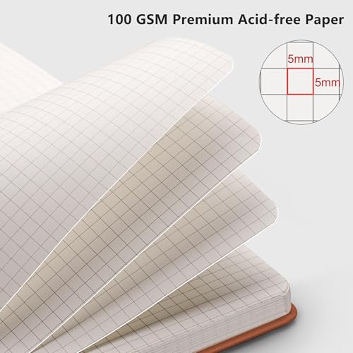 RETTACY Graph Grid Paper Notebook, 192 Pages, A5 Medium Size (5.7'' x 8.3''), 5 Squares per Inch, Leather Hardcover, 100 GSM Thick Paper, for School, Students, Math, Engineering (Brown) - color: Brown, style: Grid