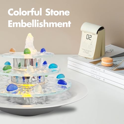 Indoor Tabletop Fountain 3-Tier Waterfall, Zen Meditation Fountain with LED Light, Small Desk Water Feature Soothing Sound Relaxing for Office Home Décor - size: 3-Tier Fountain