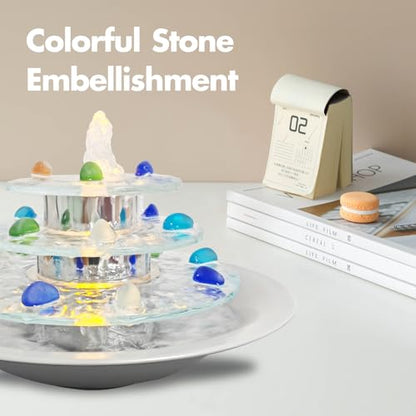 Indoor Tabletop Fountain 3-Tier Waterfall, Zen Meditation Fountain with LED Light, Small Desk Water Feature Soothing Sound Relaxing for Office Home Décor - size: 3-Tier Fountain