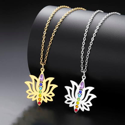 VASSAGO Lotus Flower Chakra Necklace for Women Lotus Flower Necklace 7 Chakra Pendant OM Symbol Buddha Amulet Spiritual Healing Jewelry Yoga Meditation Gift - color: Silver