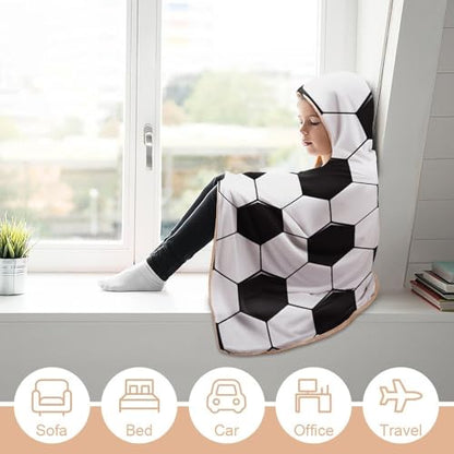 Soccer Ball White and Black Large Size Comfortable Hooded Blanket, Warm Blanket 60"x80" - color: Soccer Ball White and Black, size: 60"x80"