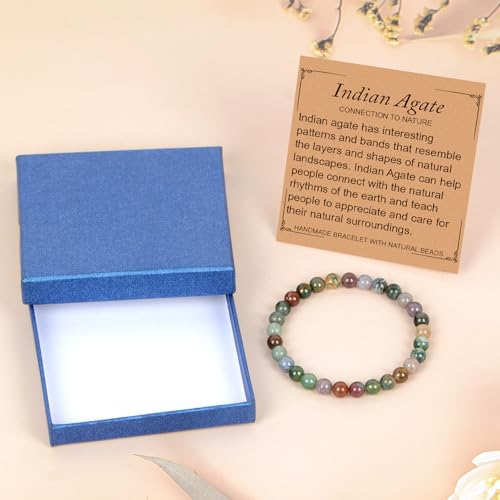 LPBeads Handmade Natural Gemstone Stretch Elastic Bracelet Healing Crystal Round Stone Beads Jewelry Gifts for Women Men - color: Indian Agate, size: 6mm