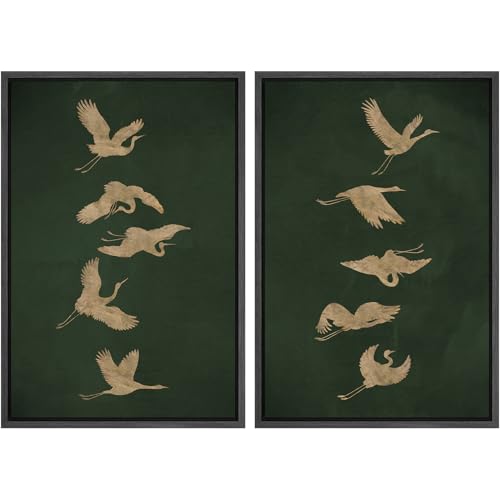 SIGNWIN Framed Canvas Print Wall Art Set Golden Cranes in Flight on Deep Green Illustrations Modern Art Rustic Colorful Ultra for Living Room, Bedroom, Office - 16"x24"x2 Black - color: A08-2512-b9, size: 16"x24"x2 Panels Black