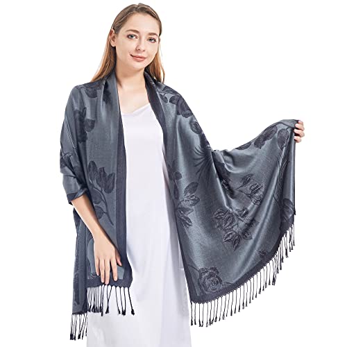 Ciormis Two Tone Silky Paisley Pashmina Shawl Scarf,Soft Women's Rave Jacquard Pashminas Wrap Scarves - color: D#. Grey Floral