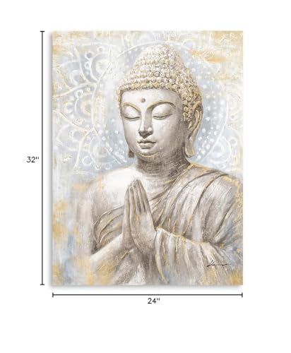 Gold Buddha Wall Art: Laughing Buddha Painting with Mandala Flower and Gold Leaf for Living Room, Bedroom, Yoga Room, Buddhist Meditation Room - 24"x32" - color: Smiling Golden Buddha, size: 24"x32"x1