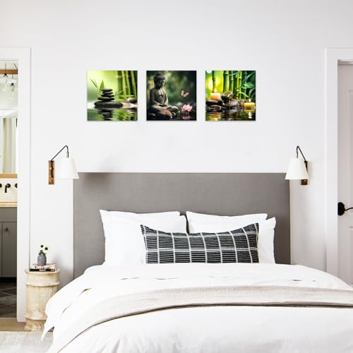CCWACPP Zen Canvas Wall Art 3 Piece Bamboo Spa Pictures Zen Stones Candles Painting Buddha Print Bathroom Beauty Treatment Meditation Room Decor Framed (12"x12"x3)