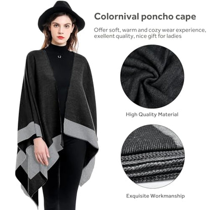 Shawl Wraps for Women, Elegant Knitted Cape Open Front Poncho Scarf Blanket Cardigan Coat for Spring, Autumn, and Winter - color: Black Gray