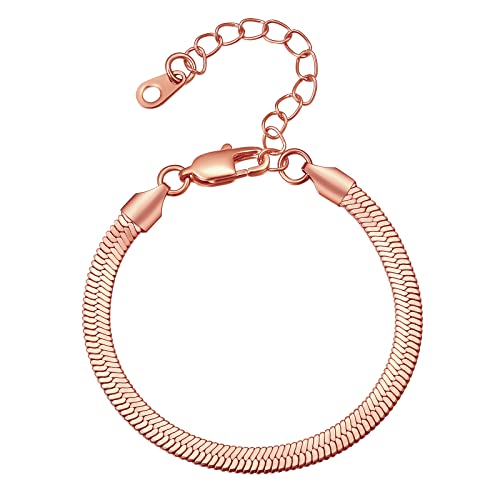 FindChic Elegant Herringbone Snake Chain Anklets/Bracelets 3MM/5MM Width Stainless Steel/18K Gold/Rose Gold Plated/Black 4 Color Options, 8.3'' 8.5'' 10.5'' Length, with Gift Box - color: B: 5mm 6.3'' bracelet (Rose Gold Plated)