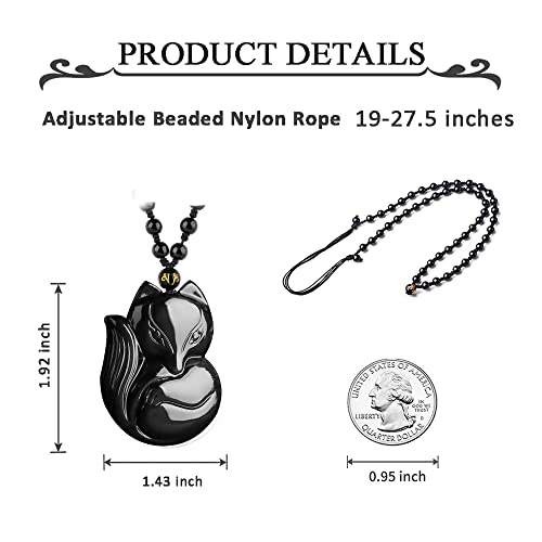 Black Obsidian Necklace Natural Crystal Amulet Protection Pendant with Adjustable Rope Lucky Talisman Necklaces Jewelry Gift for Men Women - color: Fox