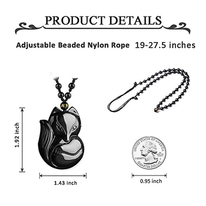 Black Obsidian Necklace Natural Crystal Amulet Protection Pendant with Adjustable Rope Lucky Talisman Necklaces Jewelry Gift for Men Women - color: Fox