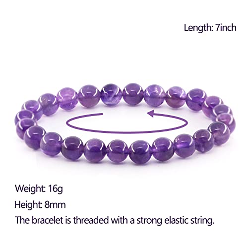Natural Gemstones Bracelet 8mm Chakra Round Beads Energy Power Crystal Reiki Healing Elastic Stretch 7 Inch for Women Men Unisex - color: Amethyst