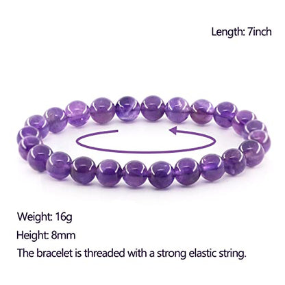 Natural Gemstones Bracelet 8mm Chakra Round Beads Energy Power Crystal Reiki Healing Elastic Stretch 7 Inch for Women Men Unisex - color: Amethyst