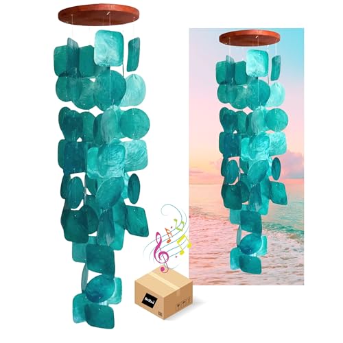 Bellaa Handmade Wind Chimes Outdoor, Musical, Garden Decorations, Beach, Ocean, Breeze, Gifts for Mom, Outside Windchimes, 63pcs, Capiz, Shells, Sea, Glass, Wood, Turquoise, 20744 - color: A Turquoise