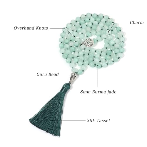 108 Mala Beads Necklace Semi-Precious Gem Stones Meditation Necklace 108 Hand Knotted Japa Mala Beaded Tassel Necklace with Tree of Life Pendant - color: Aventurine